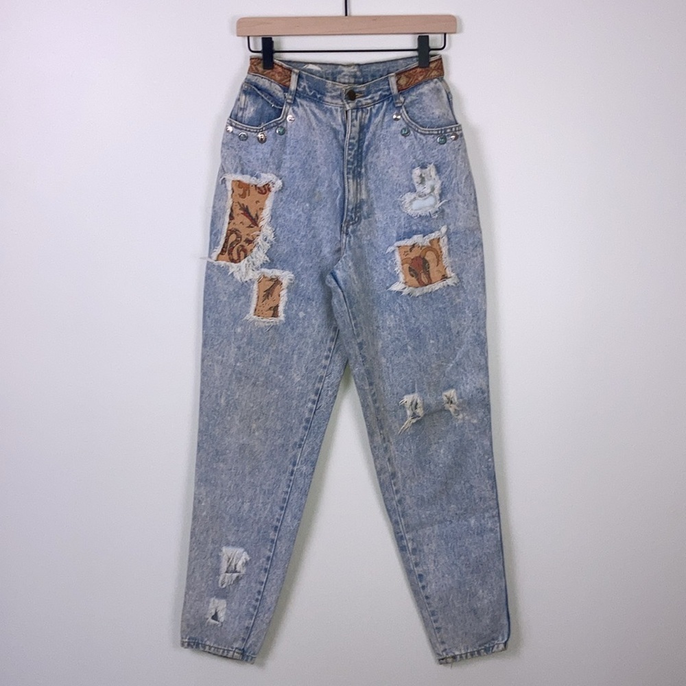 Southwestern Style High Waisted Distressed Jeans Patchwork Women Size 2 Vintage